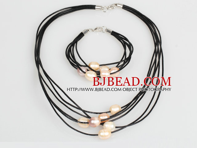 10-11mm Pink Freshwater Pearl and Pink Leather Necklace Bracelet Set