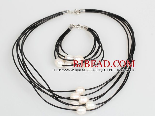 10-11mm White Freshwater Pearl and Black Leather Necklace Bracelet Set