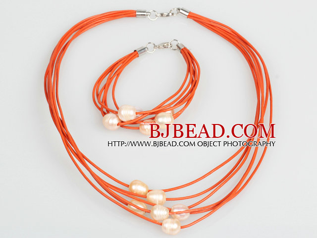10-11mm Pink Freshwater Pearl and Orange Leather Necklace Bracelet Set