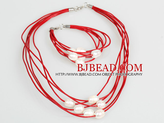 10-11mm White Freshwater Pearl and Red Leather Necklace Bracelet Set