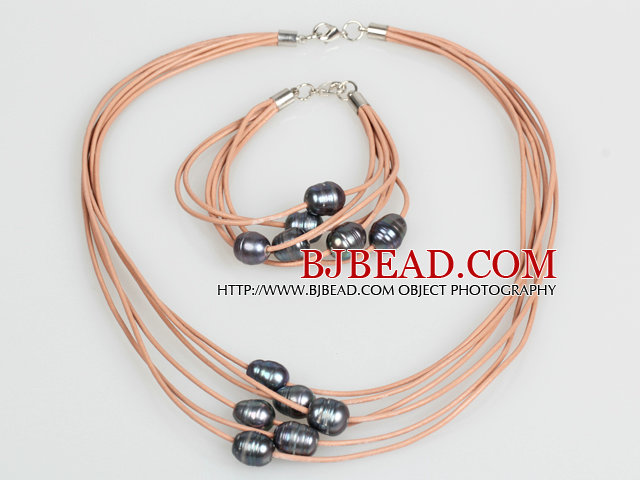 10-11mm Black Freshwater Pearl and Brown Leather Necklace Bracelet Set