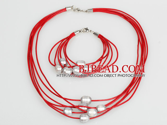10-11mm Gray Freshwater Pearl and Red Leather Necklace Bracelet Set