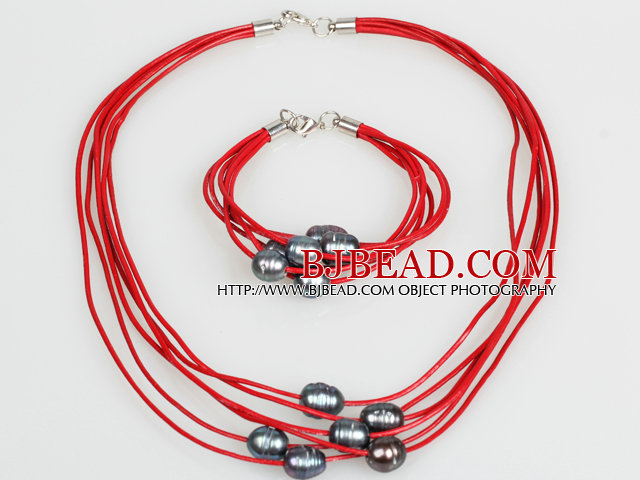 10-11mm Black Freshwater Pearl and Red Leather Necklace Bracelet Set