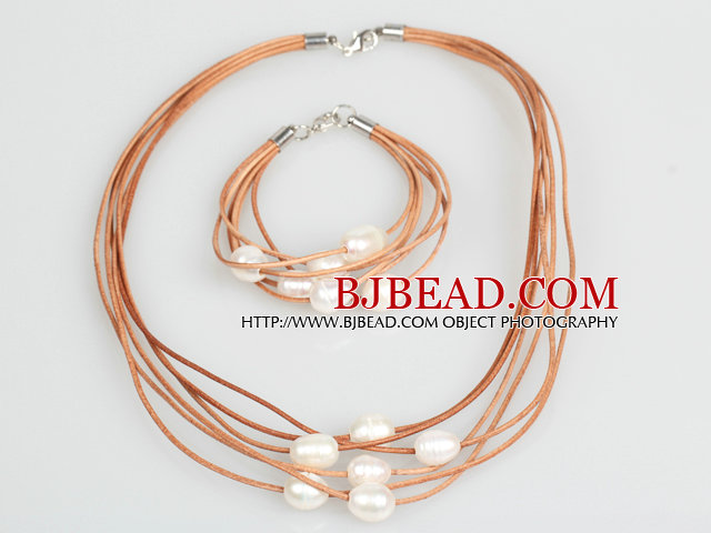 10-11mm White Freshwater Rice Pearl and Brown Leather Necklace Bracelet Set