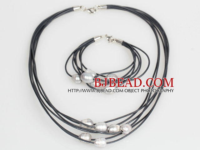 10-11mm Gray Freshwater Pearl and Black Leather Necklace Bracelet Set