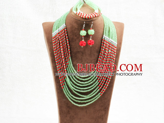 Amazing Statement 10 Layers Red Green Jade-Like Crystal African Wedding Jewelry Set (Necklace With Mathced Bracelet And Earrings)