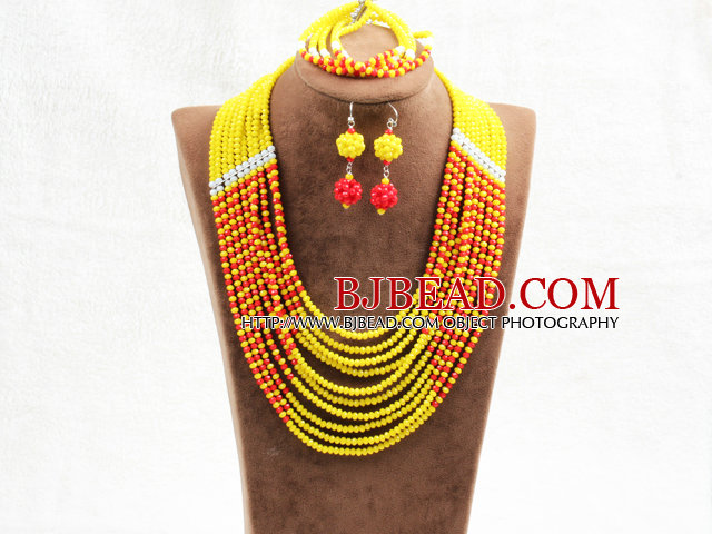 Amazing Statement 10 Layers Red Yellow Jade-Like Crystal African Wedding Jewelry Set (Necklace With Mathced Bracelet And Earrings)