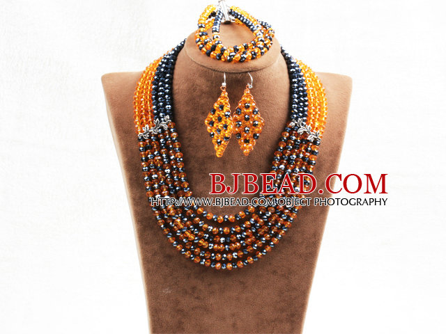 Splendid 6 Layers Black Yellow Crystal Beads African Wedding Jewelry Set (Necklace With Mathced Bracelet And Earrings)