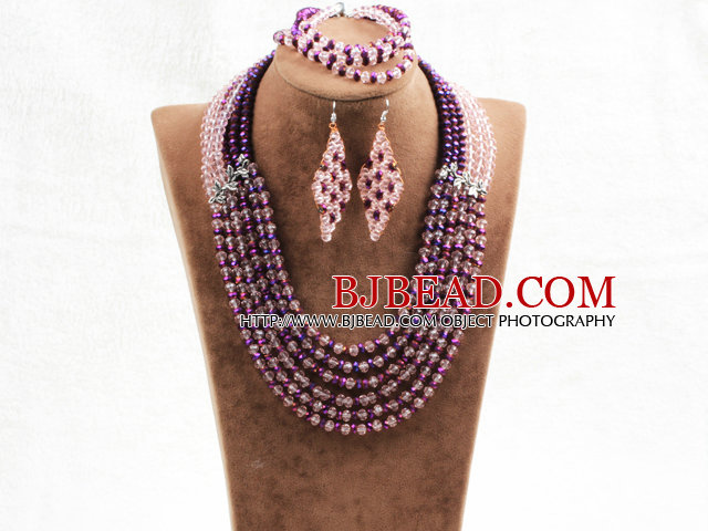 Splendid 6 Layers Purple Pink Crystal Beads African Wedding Jewelry Set (Necklace With Mathced Bracelet And Earrings)