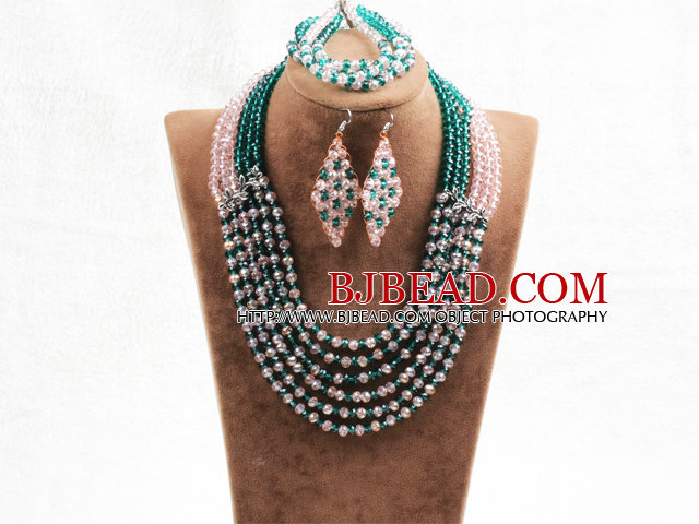 Splendid 6 Layers Pink Green Crystal Beads African Wedding Jewelry Set (Necklace With Mathced Bracelet And Earrings)