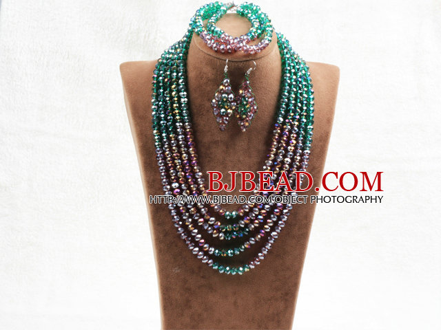 Marvelous 5 Layers Purple Green Crystal Beads African Wedding Jewelry Set (Necklace With Mathced Bracelet And Earrings)