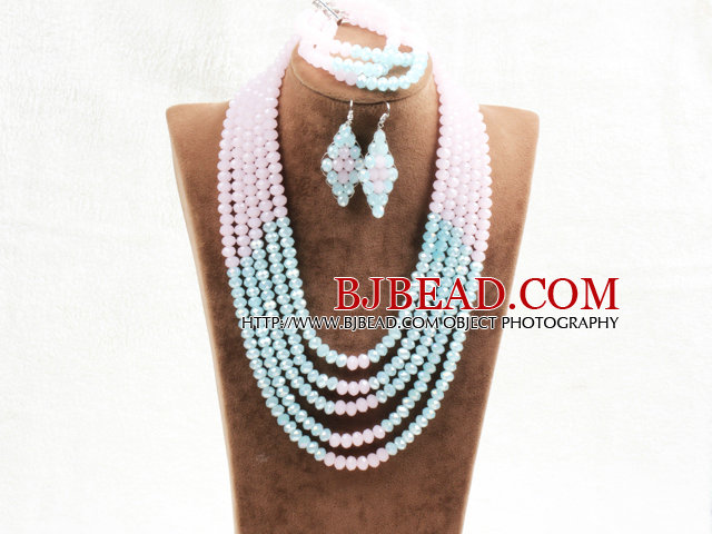 Marvelous 5 Layers Cute Pink Blue Crystal Beads African Wedding Jewelry Set (Necklace With Mathced Bracelet And Earrings)