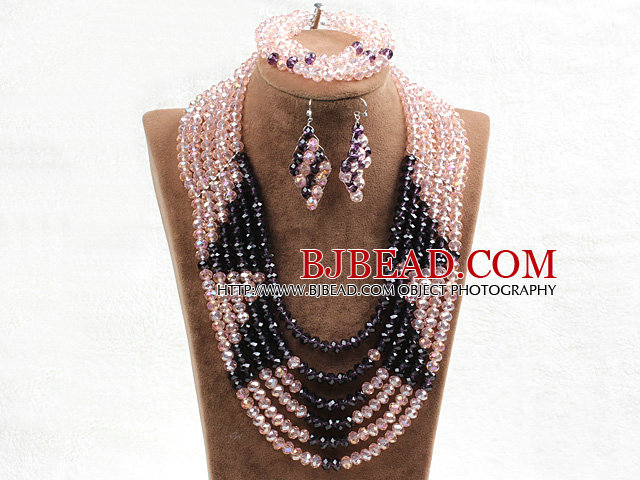 Fabulous 6 Layers Pink & Purple Crystal Beads Costume African Wedding Jewelry Set (Necklace With Mathced Bracelet And Earrings)