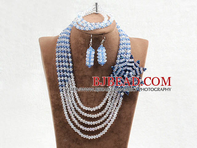 Captivating 5 Layers White & Blue Crystal Beads Flower Charm Costume African Wedding Jewelry Set (Flower Can Be Removed as Brooch)