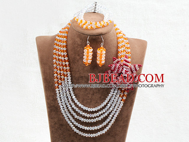 Captivating 5 Layers White & Yellow Crystal Beads Flower Charm Costume African Wedding Jewelry Set (Flower Can Be Removed as Brooch)