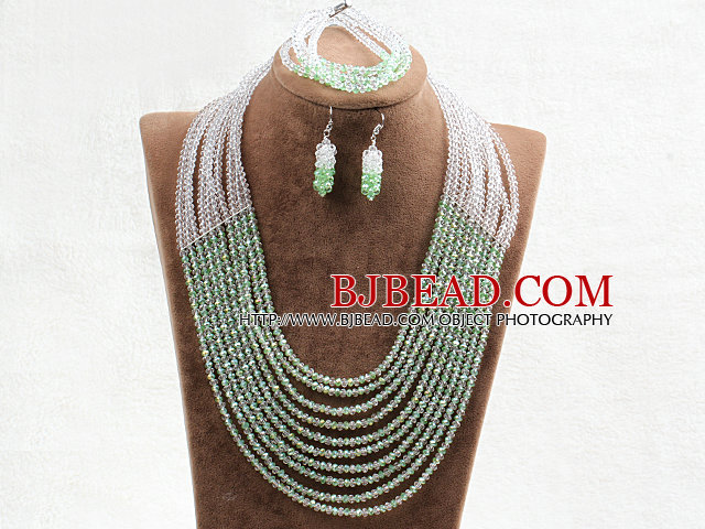 Fabulous 10 Layers Green & White Crystal Costume African Wedding Jewelry Set (Necklace,Bracelet & Earrings)