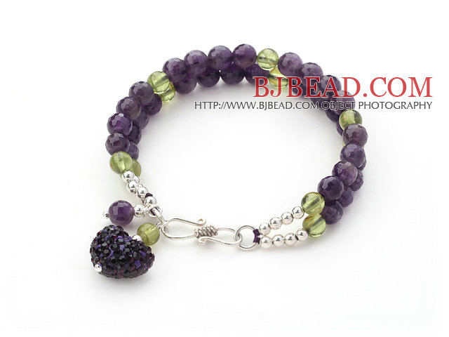 Two Rows Faceted Amethyst and Olivine Braclet with Silver Beads and Clasp
