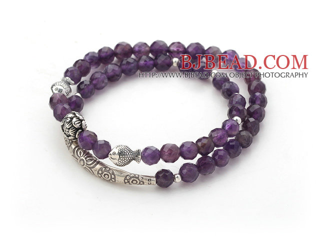 Two Rows Amethyst Beaded Stretch Bangle Bracelet with Silver Fish and Tube Accessories