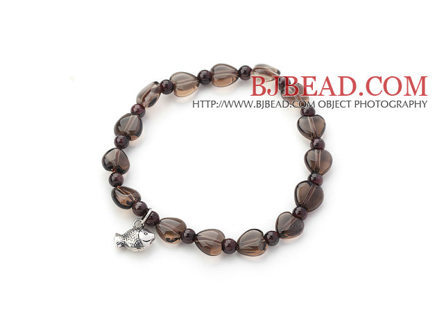 Singe Strand Heart Shape Smoky Quartz and Garnet Stretch Bangle Bracelet with Silver Fish Accessory
