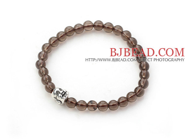 Natural Smoky Quartz and Tibet Silver Buddha's Head Stretch Bangle Bracelet