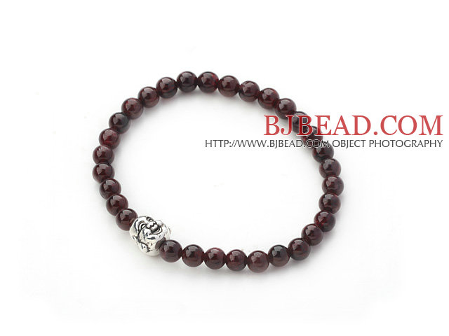 Natural Round Garnetand Tibet Silver Buddha's Head Stretch Bangle Bracelet