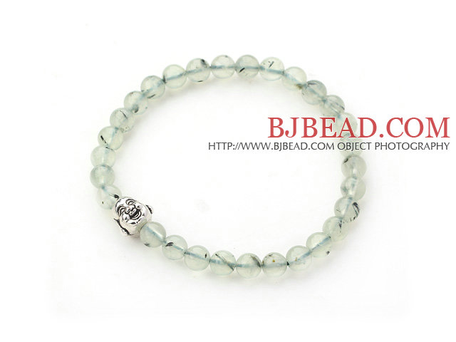 Natural Prehnite and Tibet Silver Buddha's Head Stretch Bangle Bracelet