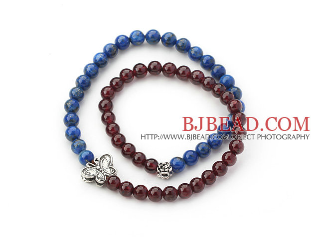Round Lapis and Garnet Beaded Stretch Bangle Bracelet with Silver Accessory
