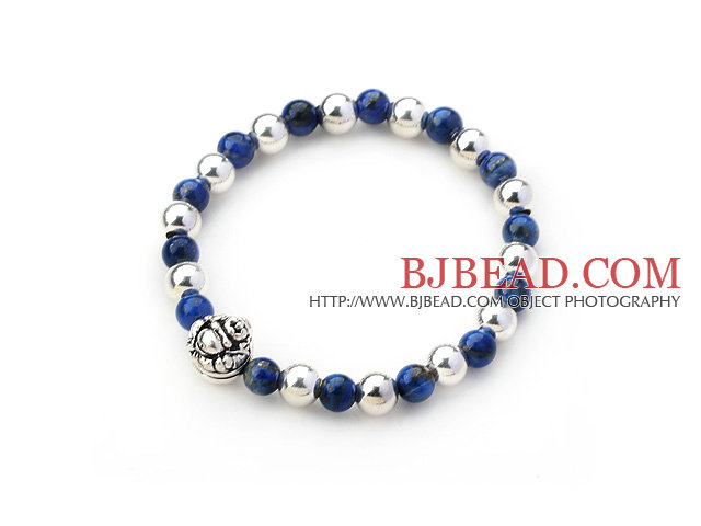 Round Lapis and Silver Beads Stretch Bangle Bracelet with Silver Laugh Buddha Accessory