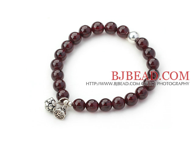 8mM A Class Round Garnet Stretch Bangle Bracelet with Silver Lotus Accessory