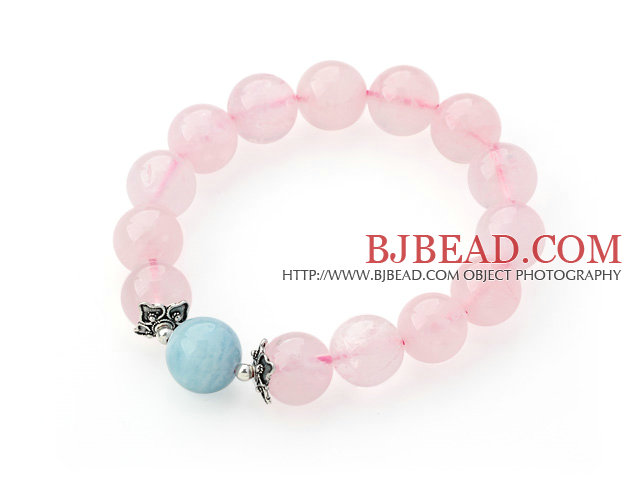 12mm Round Rose Quartz and Aquamarine Stretch Bangle Bracelet with Silver Accessory