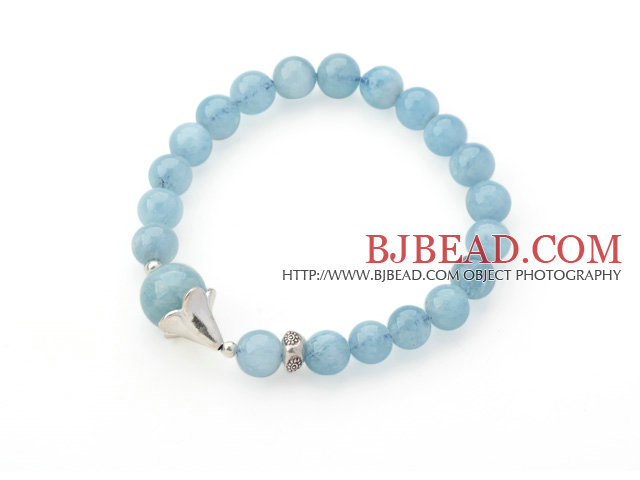 Round Aquamarine Beaded Stretch Bangle Bracelet with Silver Accessory