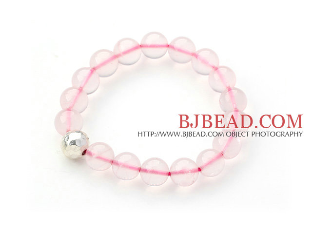 10mm Madagascar Round Rose Quartz Beaded Stretch Bangle Bracelet with Silver Beads