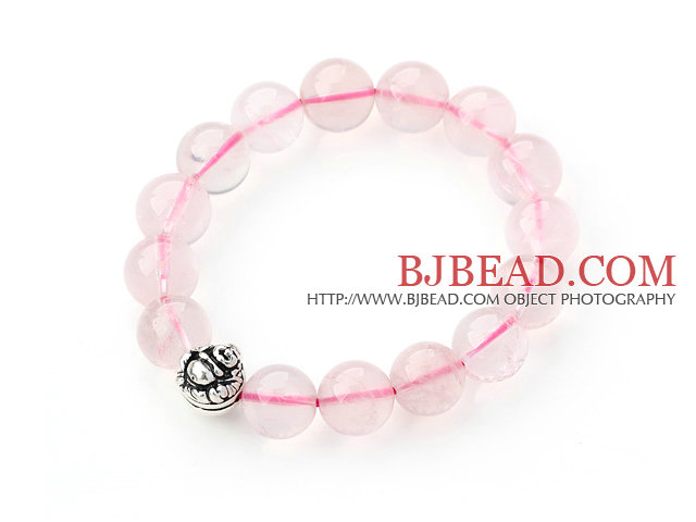 12mm Madagascar Round Rose Quartz Beaded Stretch Bangle Bracelet with Silver Buddha Beads