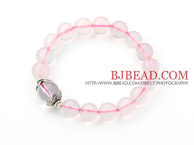 10mm Madagascar Round Rose Quartz Beaded Stretch Bangle Bracelet with Clear Crystal and Silver Accessory