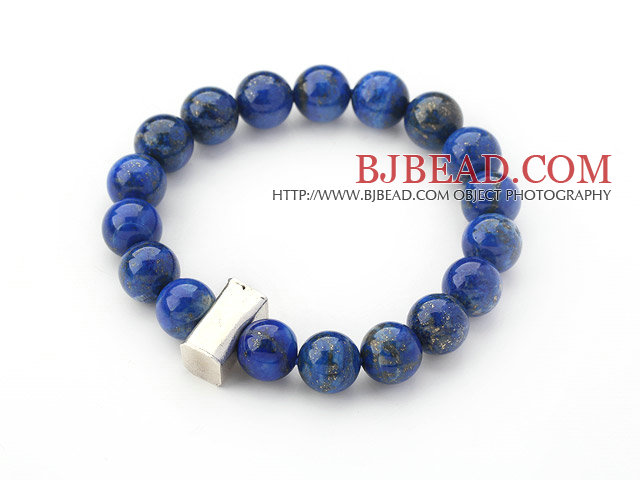10mm Round Lapis Beaded Stretch Bangle Bracelet with Thai Silver Accessory