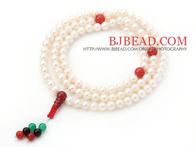 A Grade White Freshwater Pearl and Carnelian and Black Agate and Green Agate Rosary Bracelet