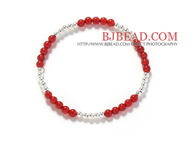 Assorted 3-4mm Round Carnelian and Silver Beaded Stretch Bangle Bracelet