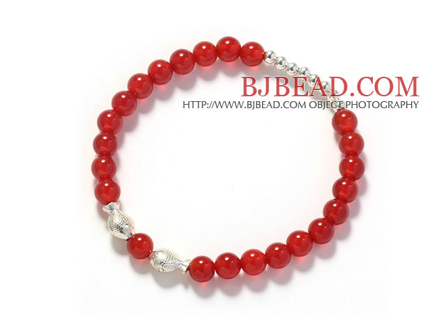 A Grade 6mm Round Carnelian and Double Fish Stretch Bangle Bracelet