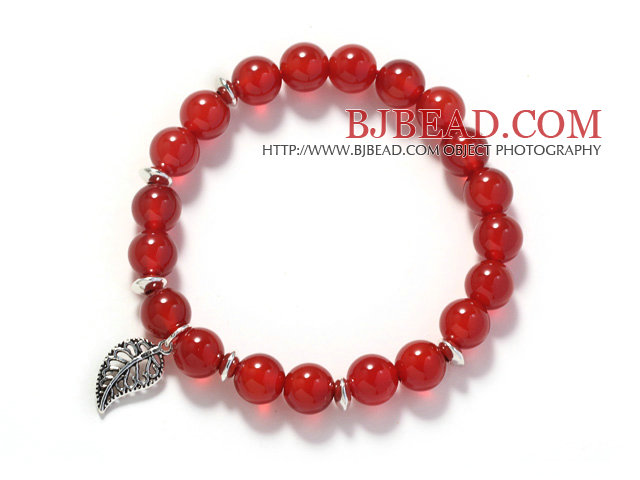 A Grade 8mm Red Carnelian and Silver Leaf Accessory Stretch Bangle Bracelet