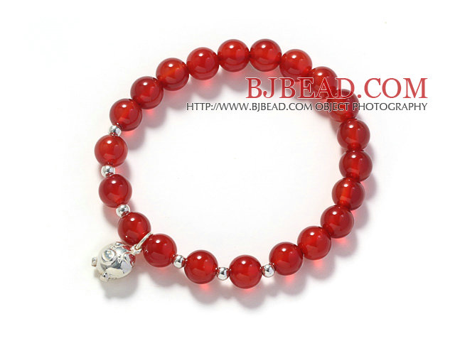 A Grade Round Carnelian and Silver Pig Shape Accessory Stretch Bangle Bracelet