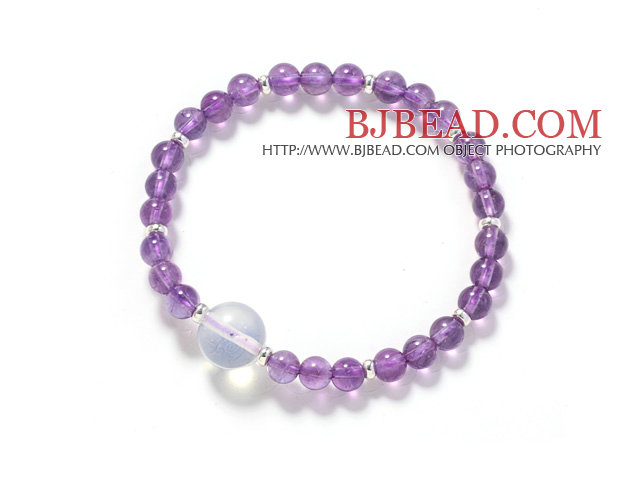 Round Amethyst and Opal Crystal Stretch Bangle Bracelet