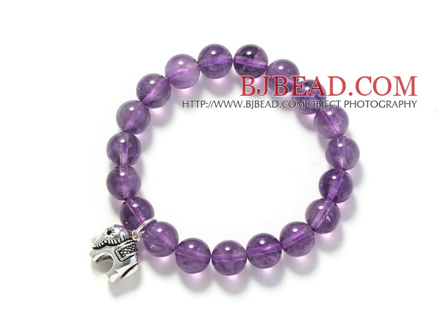 Round 10mm Amesthyst and Silver Elephant Shape Accessory Stretch Bangle Bracelet