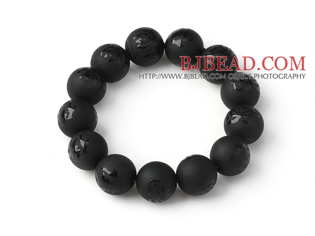 Fashion Natural Dull-Polish Black Agate With Engraved Buddhu Lotus Rosary Beads Bracelet For Man