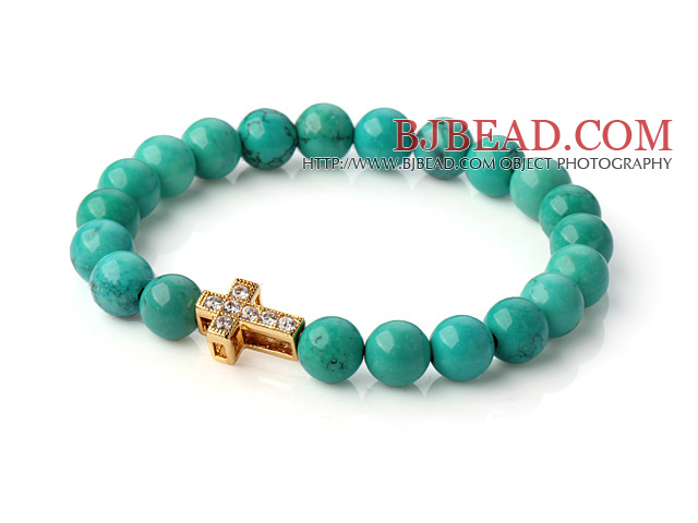 Popular Round Green Turquoise Beaded Stretch Bracelet With Gold Plated And Inlayed Zircon Cross