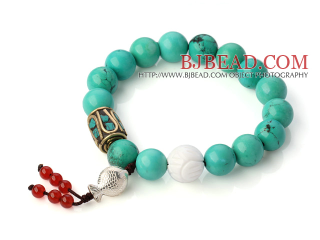 Fashion Round Xinjiang Green Turquoise And White Shell Beads Bracelet With 925 Silver Fish And Red Agate Pendants