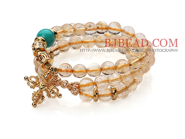 Amazing Three Strands Natural Citrine Amulet Bracelet With Golden Cross Charm