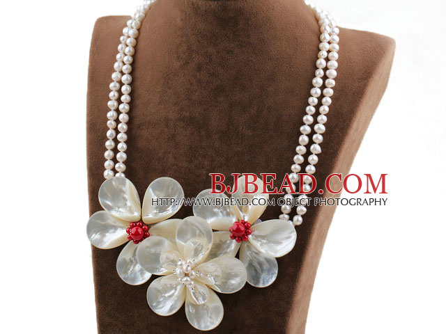 Shining Style Black Freshwater Pearl and White Lip Shell Flower and Red Coral Necklace