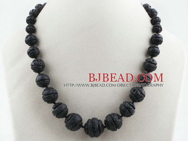 Carved Round Black Volcanic Rock Stone Graduated Beaded Necklace