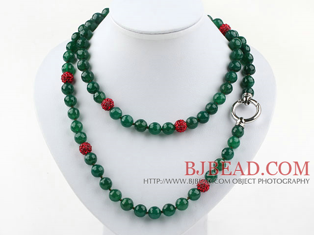 Long Style 10mm Round Green Agate Beaded Necklace with Red Rhinestone Beads