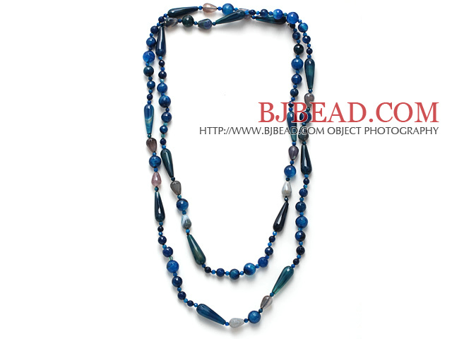 Long Style Assorted Multi Shape Faceted Blue Agate Necklace